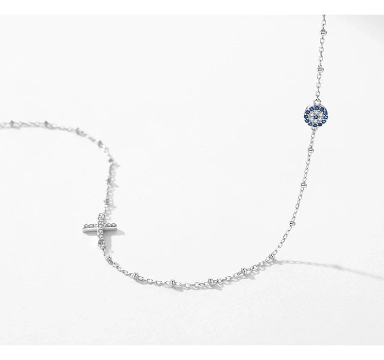 Simple Cross Beads Necklace Real 925 Sterling Silver Blue Zirconia Eye Link Chain Necklaces For Women Party Fine Jewelry