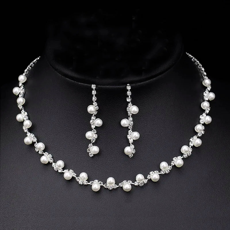 Silver Color Pearl Crystal Bridal Jewelry Sets Wave Shape Choker Necklace Earrings Sets for Women Wedding Jewelry Sets