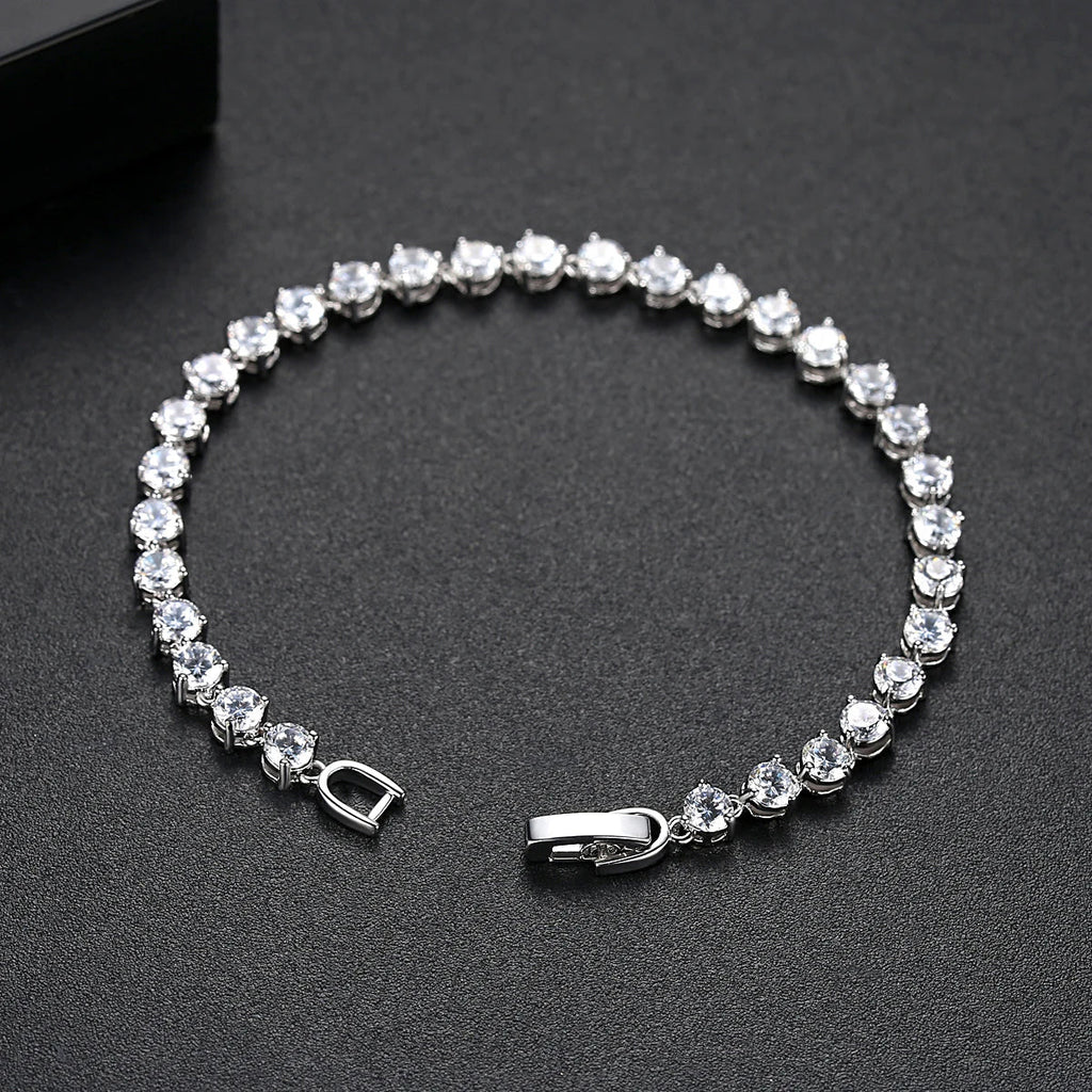 Silver Color 3 Prong Round Cubic Zirconia Necklace Earring Bridal Jewelry Set Simple Design Bride Wedding Accessories
