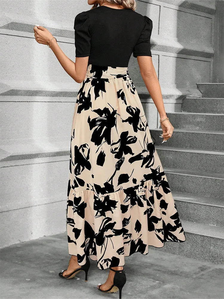 Elegant Floral Print Round Neck Long Dresses Women Short Sleeve High Waist Lace-up Office Lady Holiday Party Dresses Vestidos