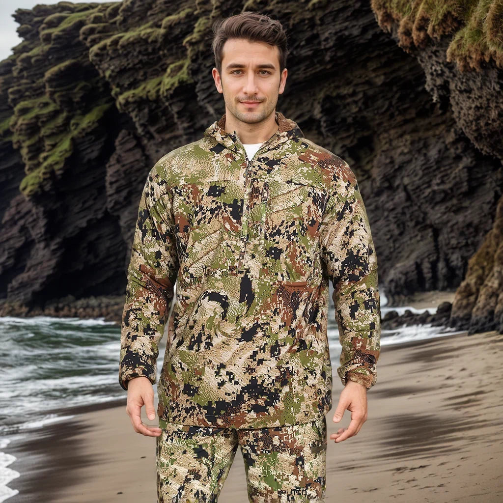Men's Stretch Camouflage Jacket, Hunting Pullover, Light Nylon Fabric Printed Plush Lining Hoodie