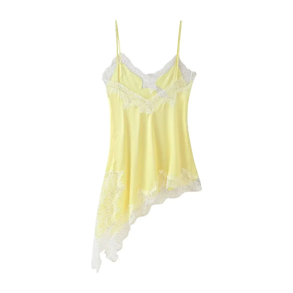 Woman Summer Sexy Sleeveless Backless Chic Beach Party Dress Women's Elegant Asymmetry Lace Decorate Slim Sling Dress