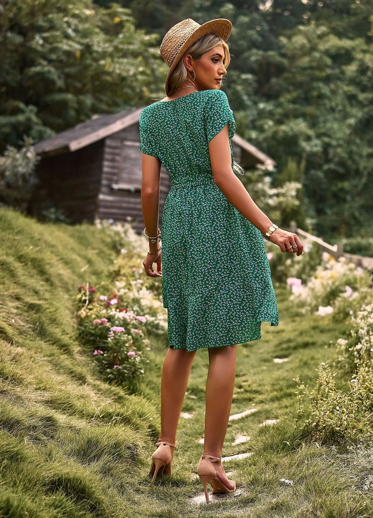 Summer O Neck Casual Printd Women Strap High Waist Pleated Floral Dress