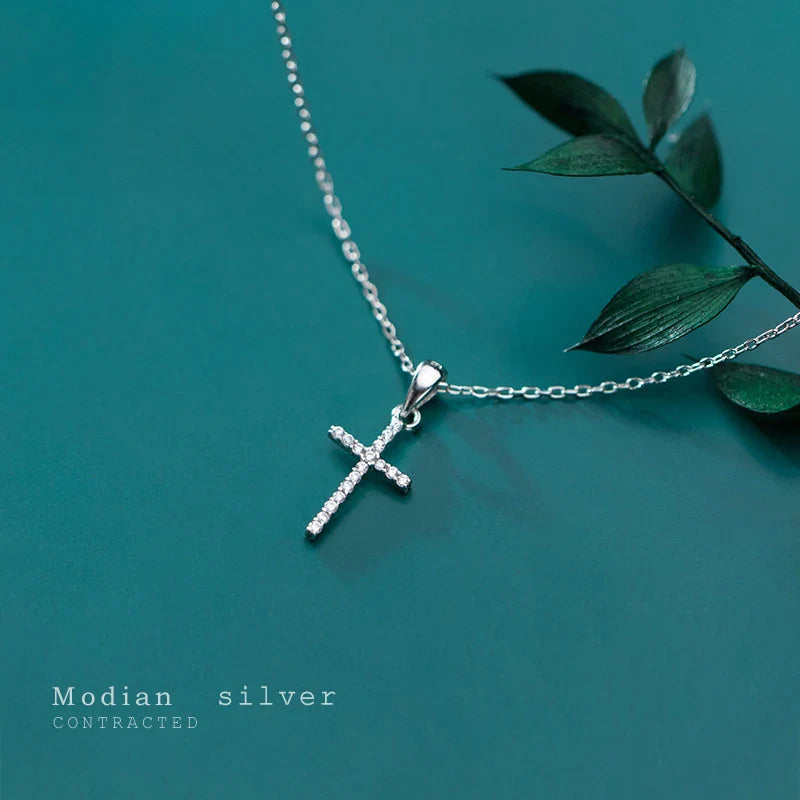 Dazzling Zircon Luxury Cross Pendant Necklace Real 925 Sterling Silver for Women Link Chain Necklace Fashion Jewelry