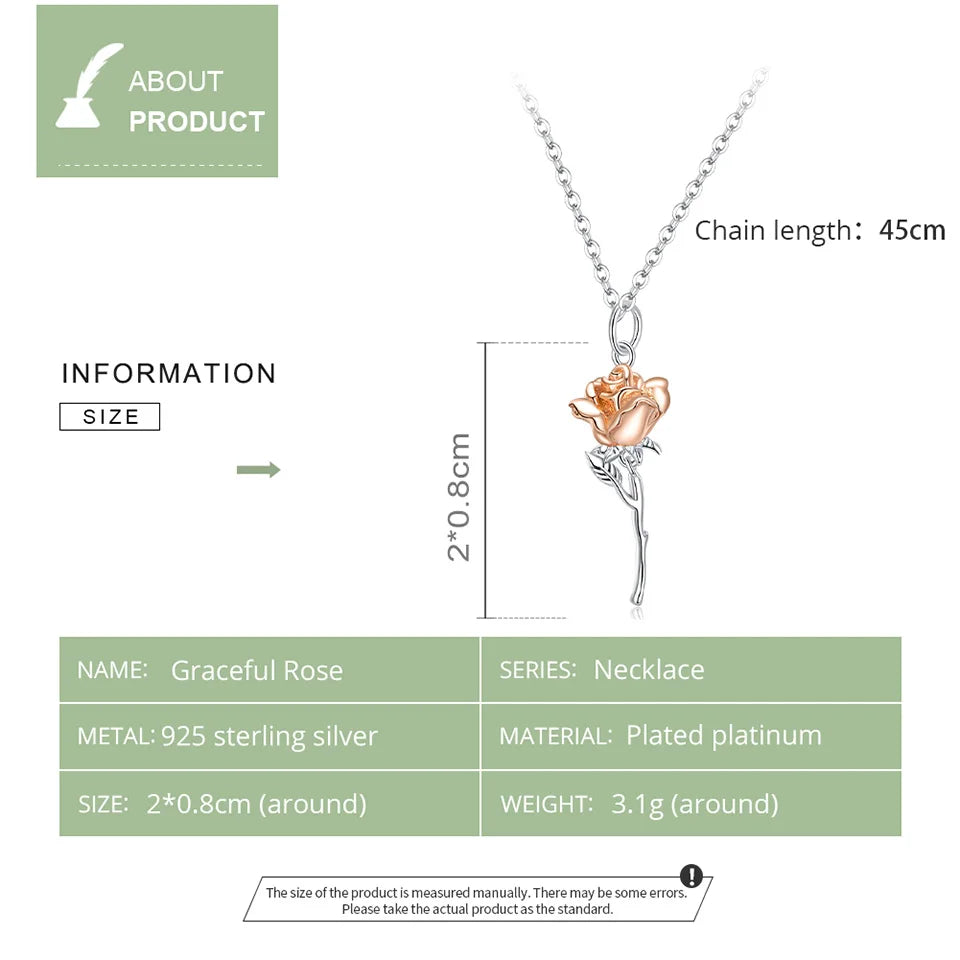 Sterling Silver 925 Graceful Rose Pendant Necklace for Women Chain Necklaces Plated platinum Jewelry BSN190
