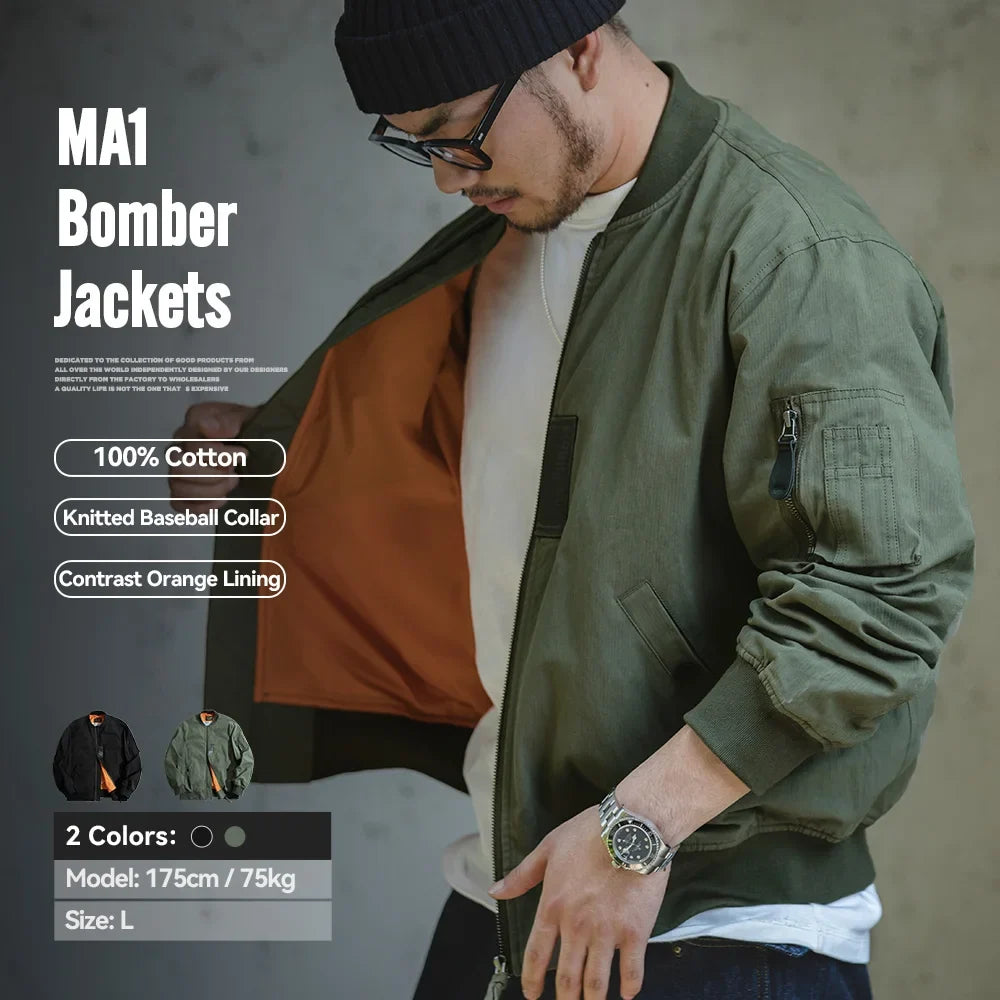 Retro MA1 Bomber Flight Jackets Green Windproof Pilot Jacket Casual Motorcycle Baseball Coat for Men's Spring and Autumn
