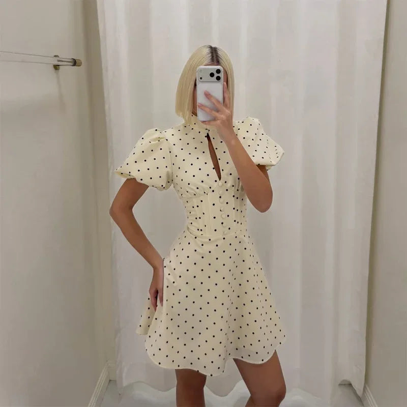 Retro Polka Dot Mini A-line Dress Elegant Stand Collar Puff Short Sleeve Waist-cinching Dresses 2026 New Lady Party Gowns