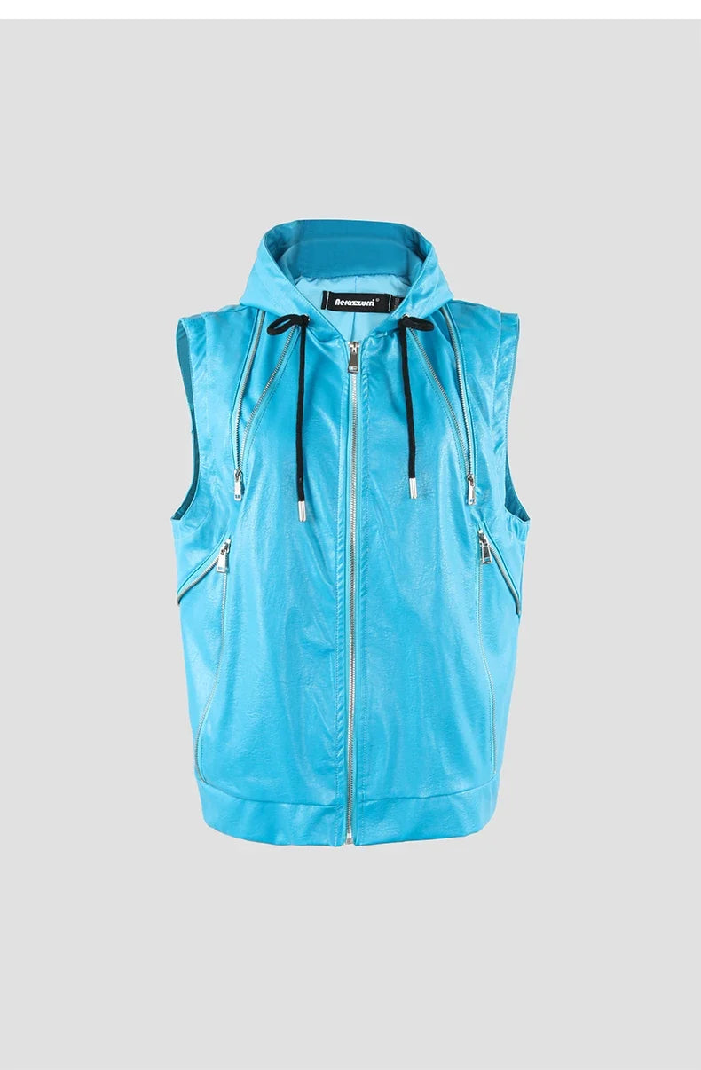 Spring Autumn Luxury Elegant Cool Black Pu Leather Vest for Men with Hood Zipper Sleeveless Jacket Men Clothing 2023