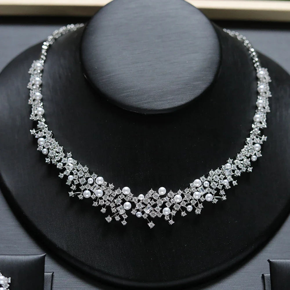 Fashion Pearl Necklace Sets High Quality 3A Cubic Zirconia Jewelry Set Dubai Dinner Party Accessories Engagement Gift