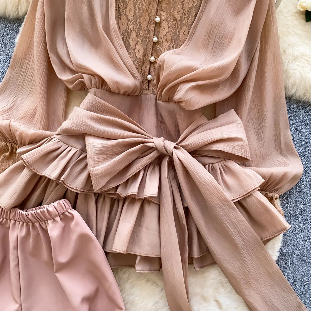 Fairycore Lace Chiffon Dresses With Stretch Shorts Pearl Button Bow Female Ruffles Sheer Seaside Holiday Mini Dress