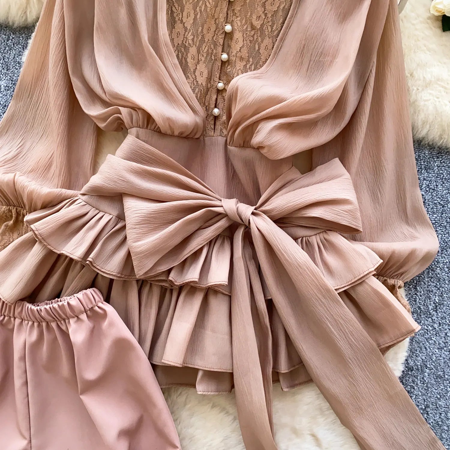 Fairycore Lace Chiffon Dresses With Stretch Shorts Pearl Button Bow Female Ruffles Sheer Seaside Holiday Mini Dress