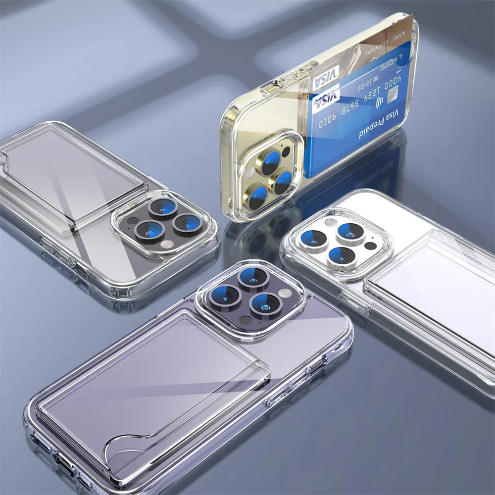 Luxury Transparent Wallet Card Slots Holder Phone Case For iPhone 17 16 15 14 Pro Max 13 12 11 XR X Plus HD Acrylic Clear Cover