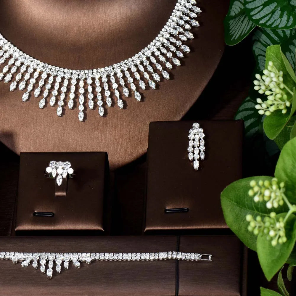Gorgeous Niche Tassel Accessories Necklace Earrings Bridal Wedding Party AAA Zirconia Set 4 Pcs Evening Gift S-316