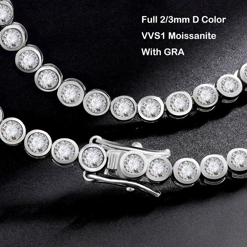 Bezel Full 2/3mm D Color Moissanite Tennis Necklace for Women S925 Silver Plated 18K Gold GRA Certified Diamond Bracelets