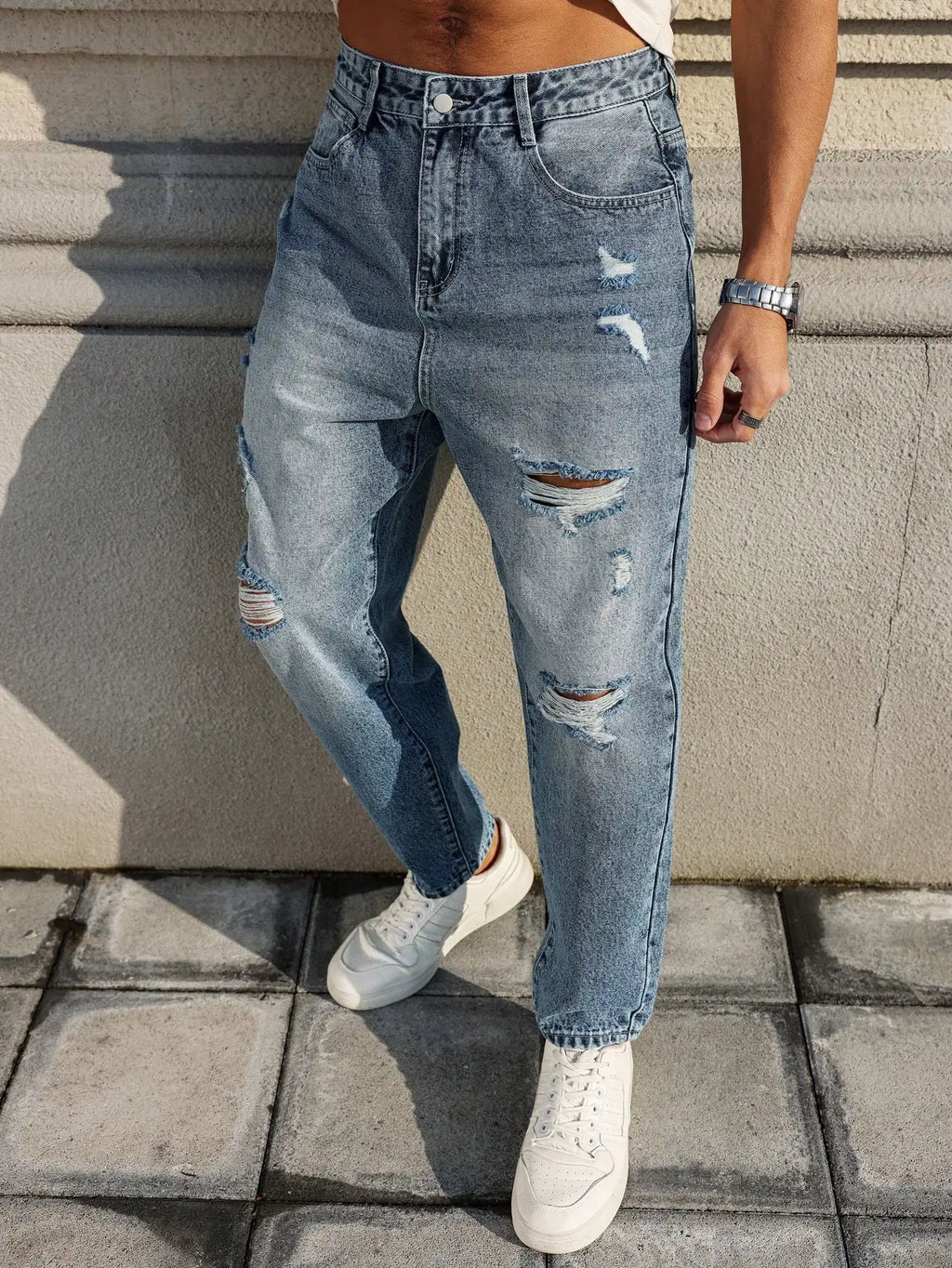 Men's blue ripped jeans, retro distressed beggar pants, street trend loose harem pants