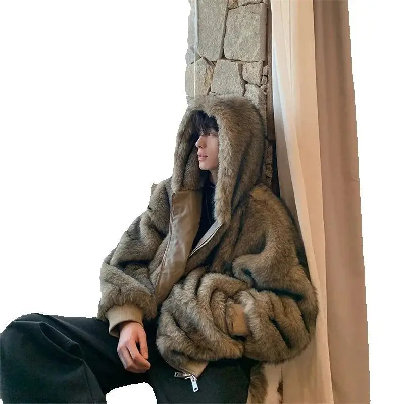 Pi Shuai Coat 2024 Winter Autumn/Winter New Men New Style Fox Imitation Fur Coat Leather Fashion Loose Thick Warm Coat Commuter
