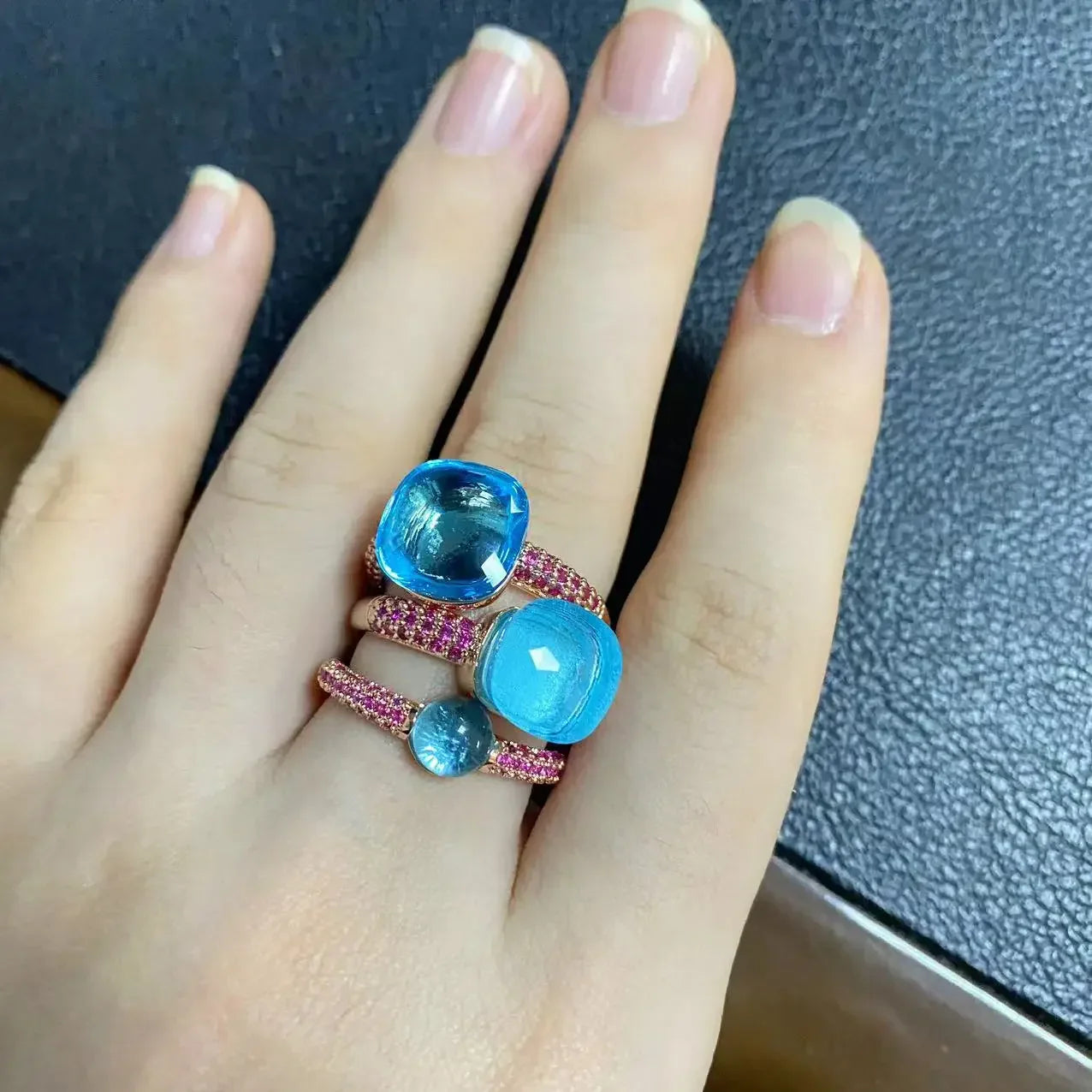 3Pcs/Set Nudo Ring Stacking Set for Women Mix Color Candy Crystal Inlay Zircon Amethyst Blue Topaz Round Jewelry Gift