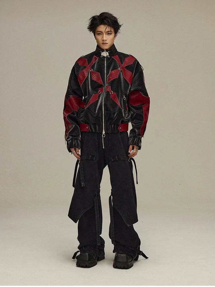 Spring Autumn Cool Handsome Crocodile Print Patchwork Pu Leather Jacket Men Color Block Luxury Designer Clothes 2024