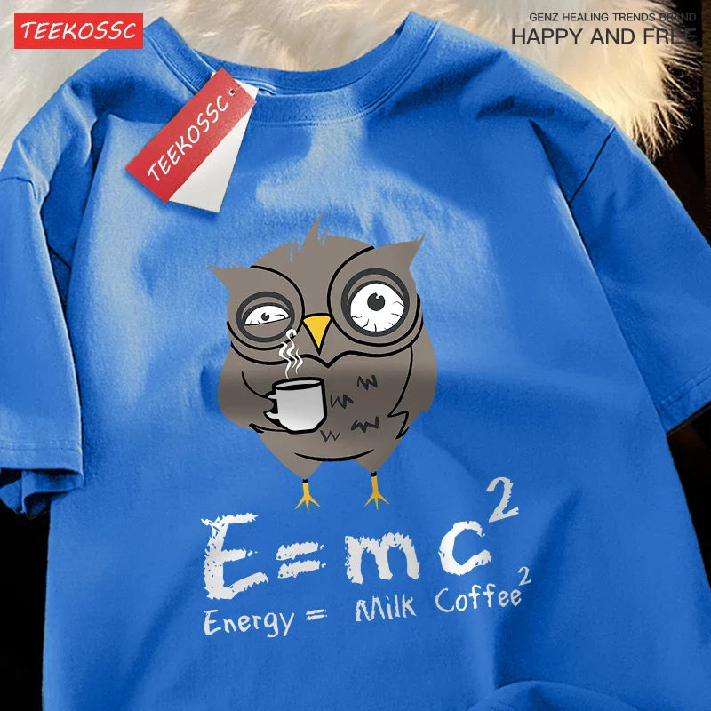 تي شيرت رجالي مطبوع عليه شعار "Energy Milk Coffee Fun Formula" من القطن بياقة مستديرة وتصميم فضفاض كبير الحجم مناسب للشارع ومناسب للزوجين
