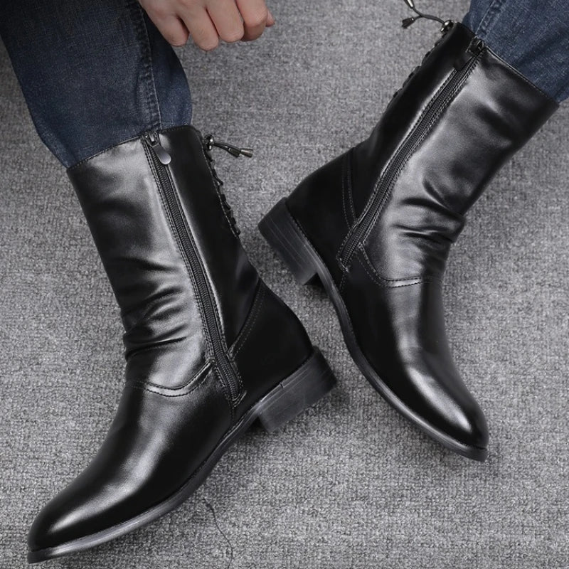 Men's Leather Boots High Quality Black Motorcycle Boots Designer Punk Rock Mid-calf Boots Fashion High Top Shoes Botas Masculino