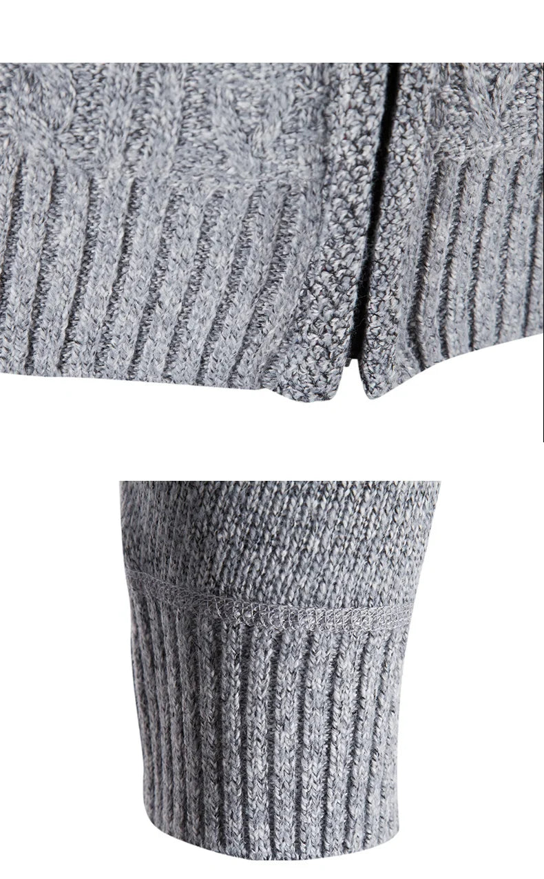 Winter Autumn New Sweater Knit Cable Cardigan Men Business Casual Jacket Zipper Up Solid Color Turn-down Coat Fleece Clothes