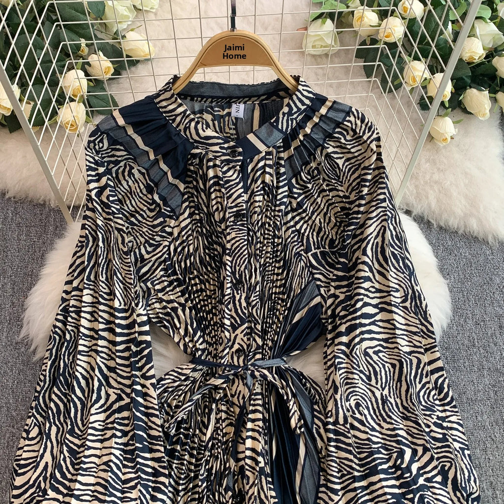 Printed round Ne Lantern Sve Dr Women's Single Button Waist Cinch Maxi Skirt Long Dr Commute Sle Autumn