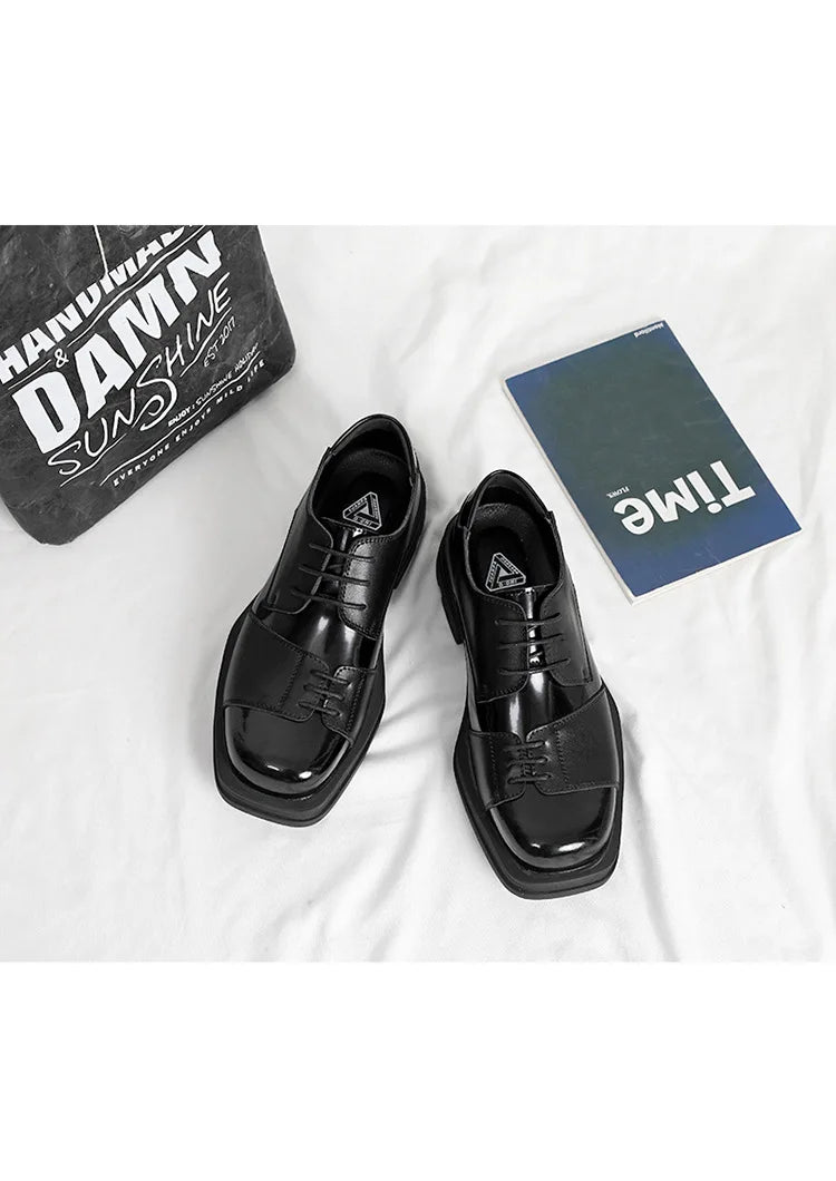 Men Genuine Leather Derby Shoes Vintage Square Toe Male Lace Up Platform Dress Shoes Black Business Footwear Wedding Shoes