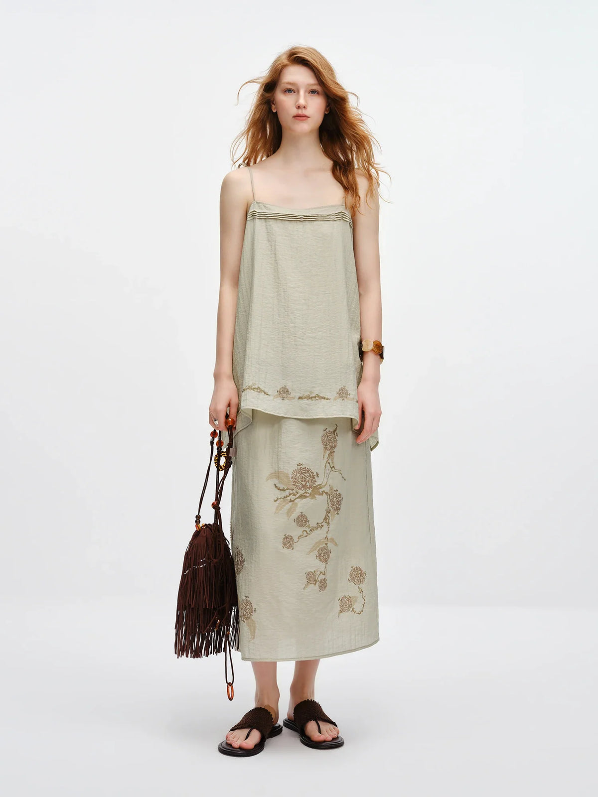 Vintage Printed Camis Midi Skirt Set Square Neck Sleeveless Summer Elastic Waist Outfit Silk Office Daily
