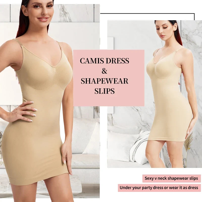 Sexy Full Slip Shapewear Women Dress V Neck Bodycon Underwear Smooth Compression Body Shaper Slimming Waist Abdomen Belly Corset