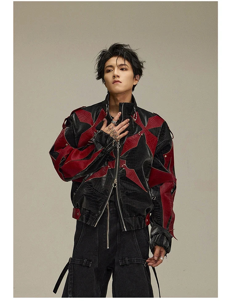 Spring Autumn Cool Handsome Crocodile Print Patchwork Pu Leather Jacket Men Color Block Luxury Designer Clothes 2024