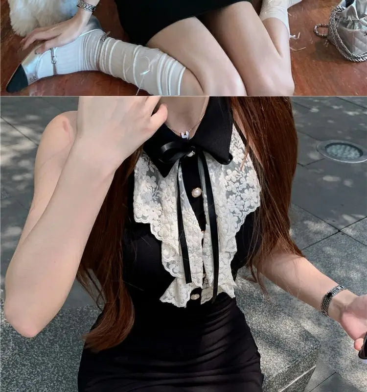 Kimotimo Hotsweet Y2k Dress Women Lace Splicing Bow Halter Waist Slim Fit Hip Mini Dresses Fashion Birthday Party Vestido Summer