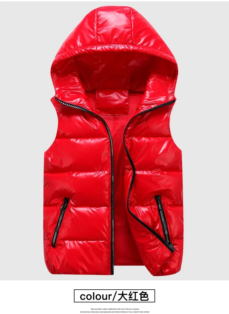 Classic Hooded Vest Man/Woman/Child Winter Hooded Glossy Cotton Vest Casual Waistcoat Men's Sleeveless Jacket Warm Overcoats Hat