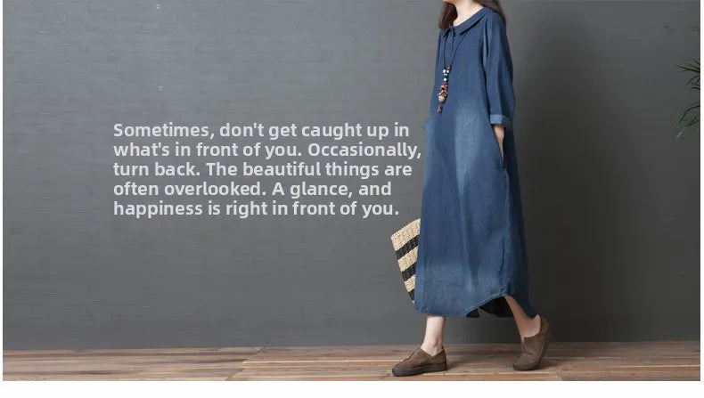 Women's Denim Dr Long Sve Loose Fit irt Sle Autumn Spring Faion plus Size Clothing Meat Concealing Slimming Skirt