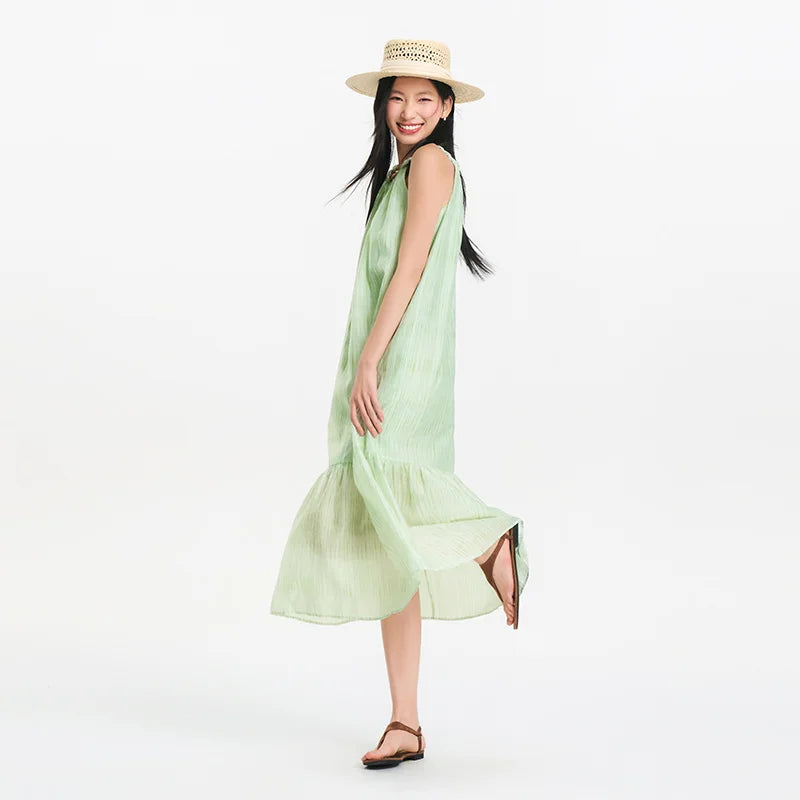 Women Dress Bowknot Textured Halter Neck Vacation A Line Maxi 2026 Summer Romantic Fresh Elegant Soft Comfy Holiday Top