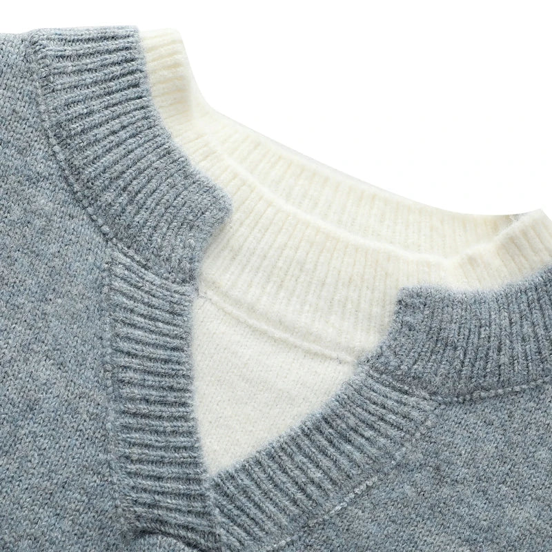 Fake Two Piece Pullover Cardigan Men Round Neck Long Sleeve Clothing Thermal Warm Comfortable Youth Casual Knit Sweater