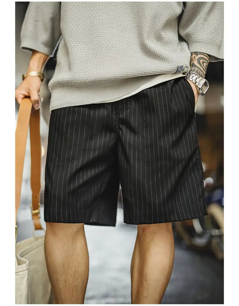 Men's Vintage Vertical Striped Suit Shorts Men's Summer Elastic Waist Straight Leg Office Shorts Business Casual Pants