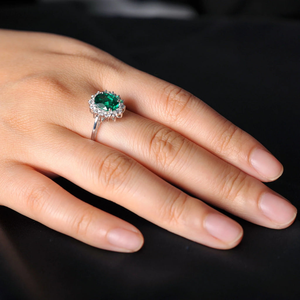 Halo Rings for Women Created Blue Sapphire Nano Emerald Red Ruby Princess Diana 2.67ct Oval Cut 925 Sterling Silver Rings