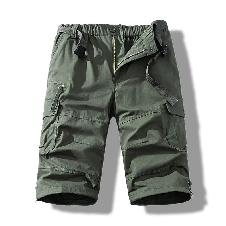 Man Shorts Casual Pants Light Weight Cotton Long Shorts Below Knee 3/4 Pants Elastic Waist with Belt Cargo Shorts