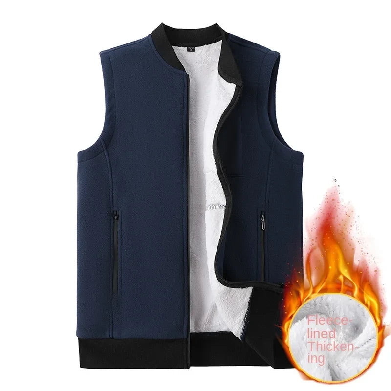Men Winter Vest Sleeveless Stand Collar Solid Color Fleece Thick Keep Warm Plus Size Neck Protection Winter Waistcoat for Daily