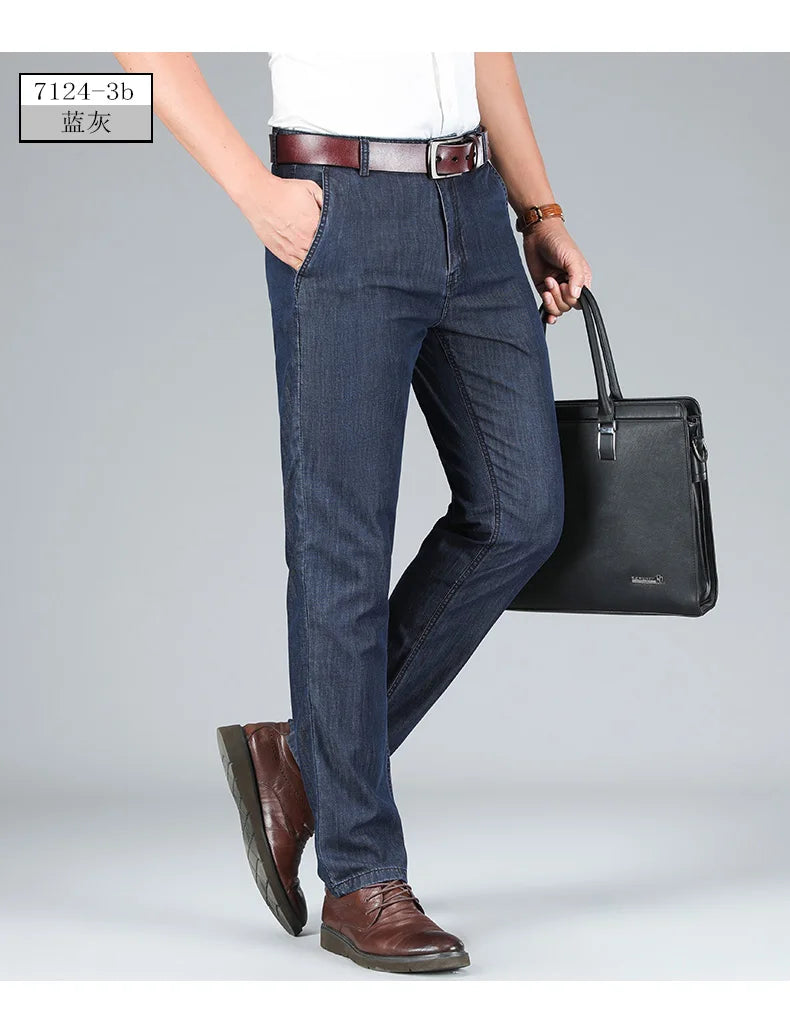 2026 Thin Stretch Denim Business Casual High Waist  High Lyocell  Men's Fit Straight Lightweight Cotton  Light Grey Jeans