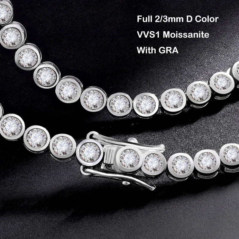Bezel Full 2/3mm D Color Moissanite Tennis Necklace for Women S925 Silver Plated 18K Gold GRA Certified Diamond Bracelets