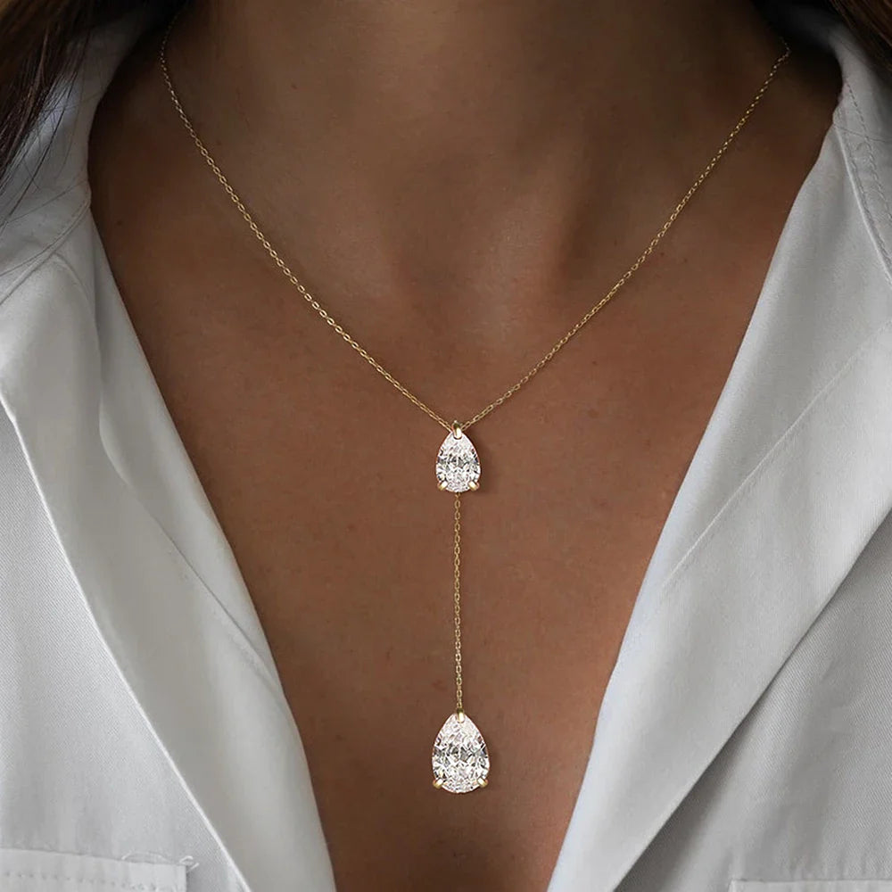 2-Stone Waterdrop Moissanite Pendant Necklace for Women 925 Silver 1.5cttw Y-Style Long Tassel Pear Cut Lab Diamond Neckchain