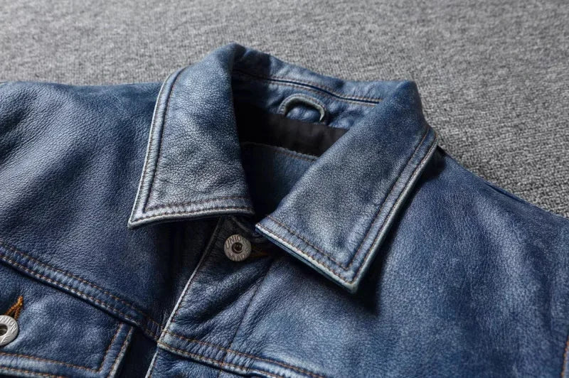 Men's Motorcycle Leather Jacket Light Blue Ami Khaki Retro Graphite Distressed Denim Genuine Leather Jacket Slim Short Jacket