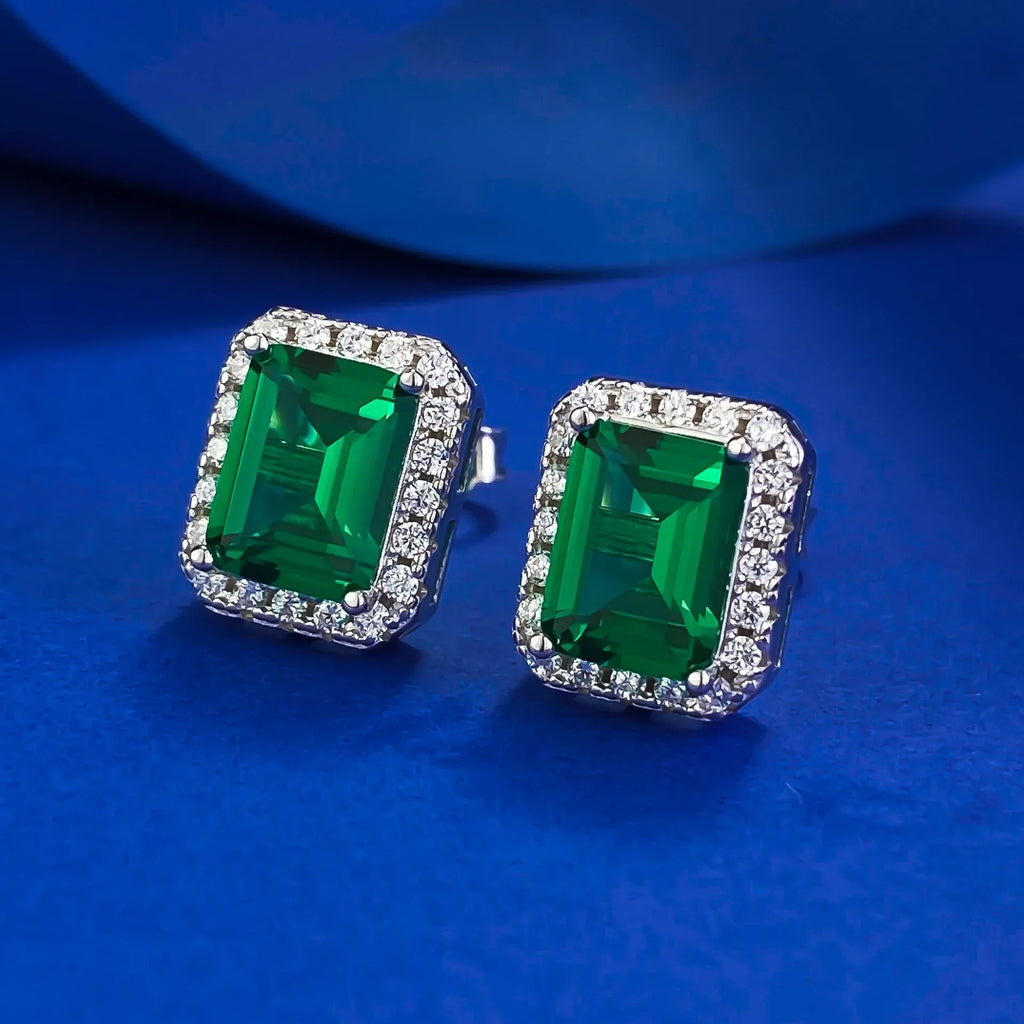 100% 925 Sterling Silver 6*8mm Synthetic Emerald Stud Earrings For Women Sparkling Wedding Party Fine Jewelry Wholesale