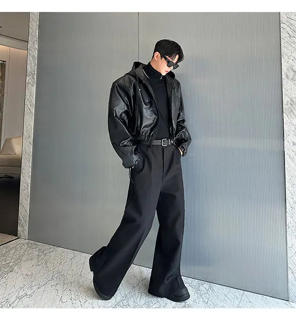 Spring Autumn Short Waterproof Black Pu Leather Jacket Men Hood Zipper High Waist Loose Casual Korean Fashion 2025