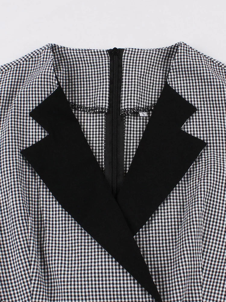 Plaid and Black Elegant Ladies Rockabilly Cotton Dresses Notched Collar 3/4 Sleeve Autumn Winter Women Vintage Dress