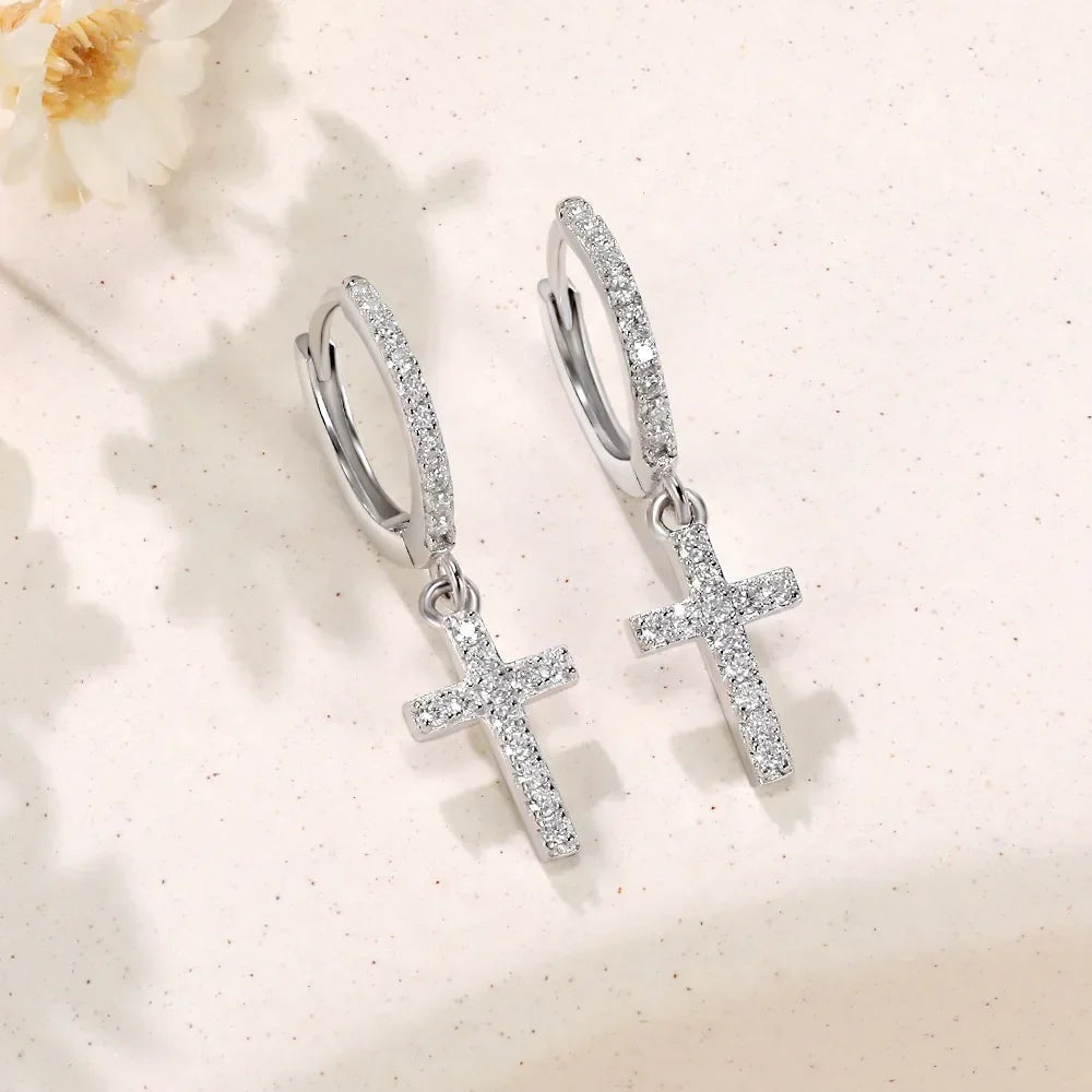 Full Moissanite Earrings for Men/Women Cross Drop 925 Sterling Silver Hoop Earrings D Color VVS1 Hip Hop Couple Jewelry
