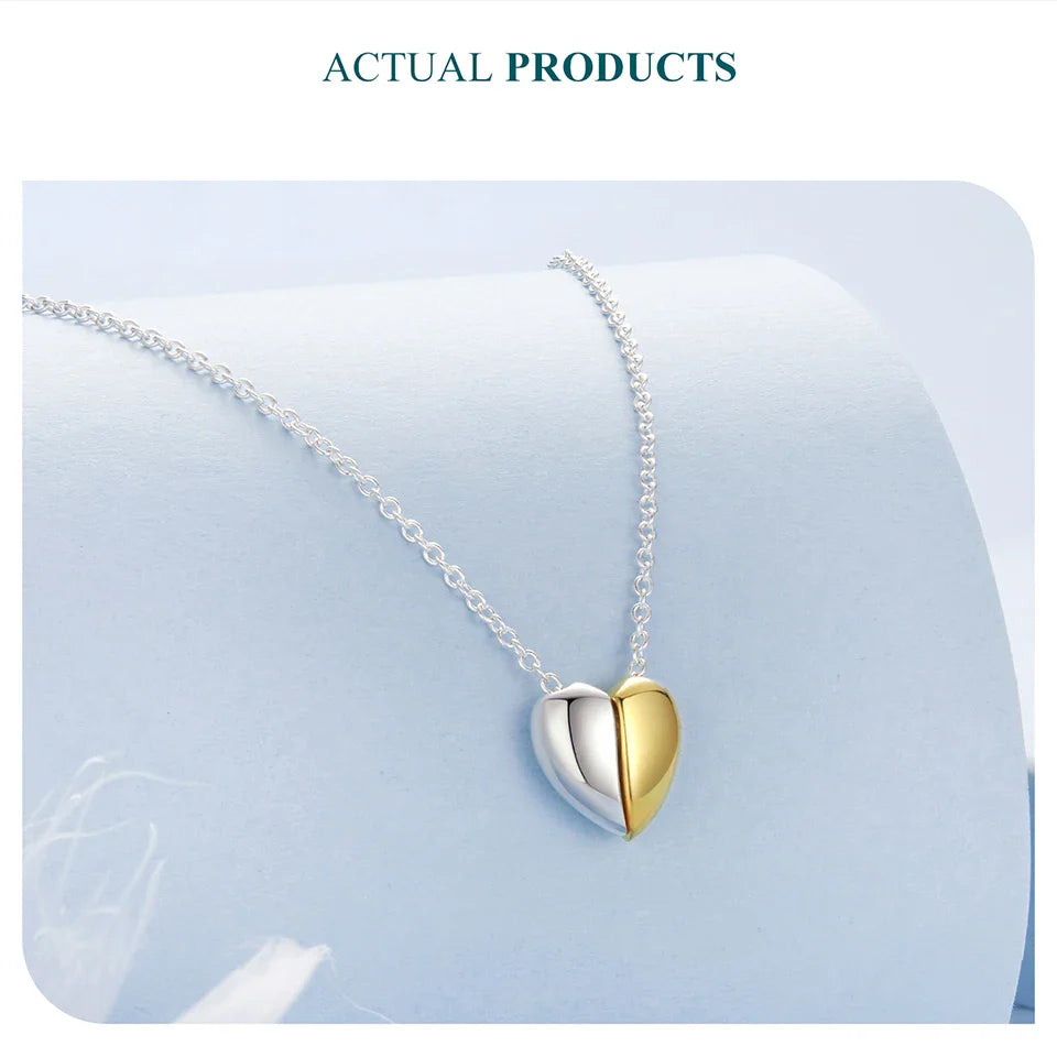 Gold Plated Heart Pendant Necklace for Women, 925 Sterling Silver Couple Heart Fashion Waterproof Metal Daily Jewelry