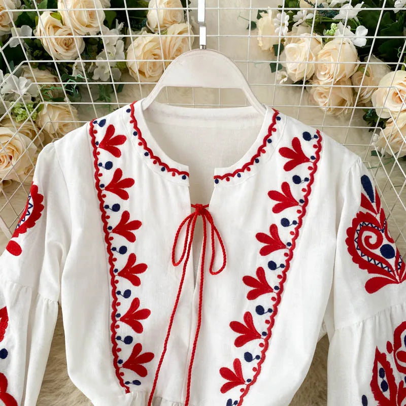 Embroidered Flower Long Sve Loose Fit Lantern Sve Gathered Slimming A-Line Dr Women's round Ne Dr