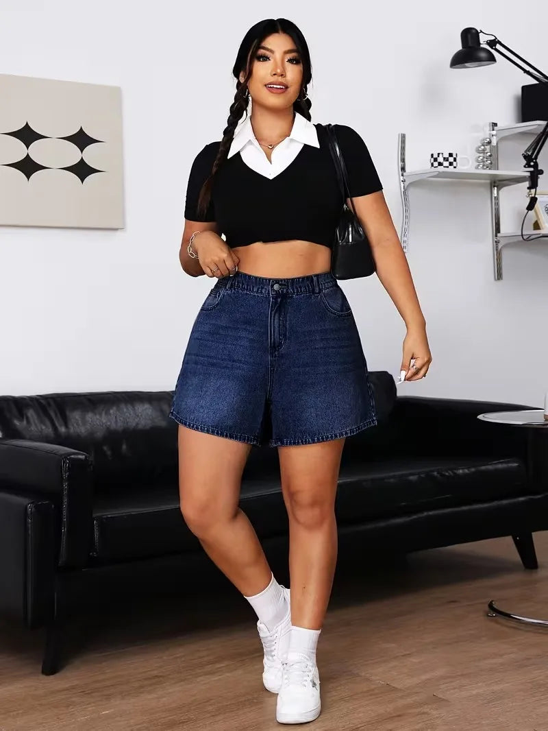 Plus Size Retro Deep Blue Elastic Washed Denim Shorts Women Summer New Y2k Streetwear High Waisted Loose Jean Shorts